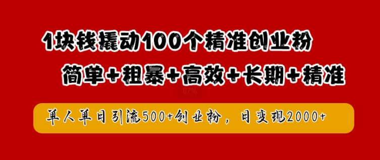 1块钱撬动100个精准创业粉，简单粗暴高效长期精准，单人单日引流500+创业粉，日变现2k【揭秘】-一鸣资源网